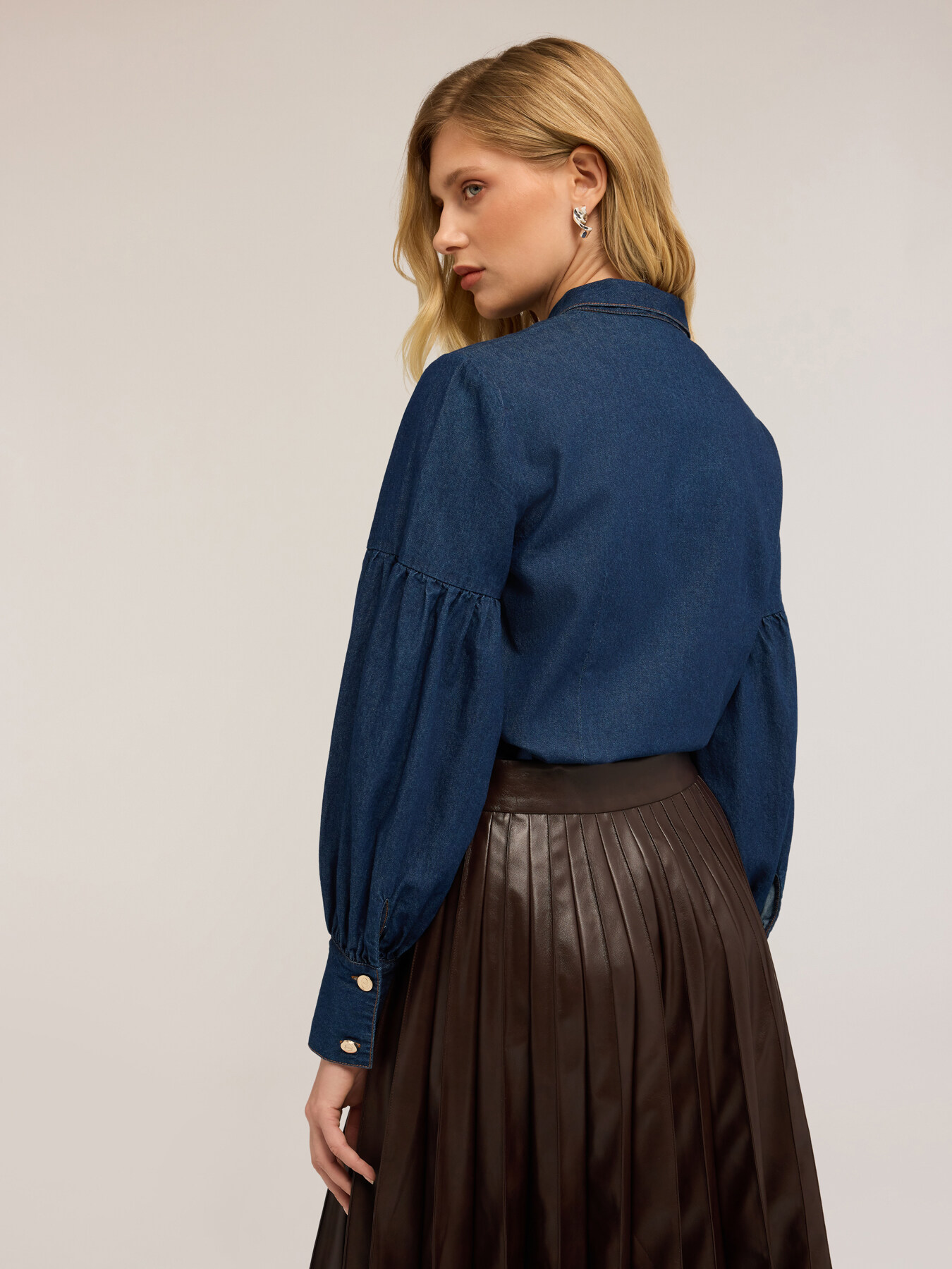 Denim shirt with pussy bow collar image number 1