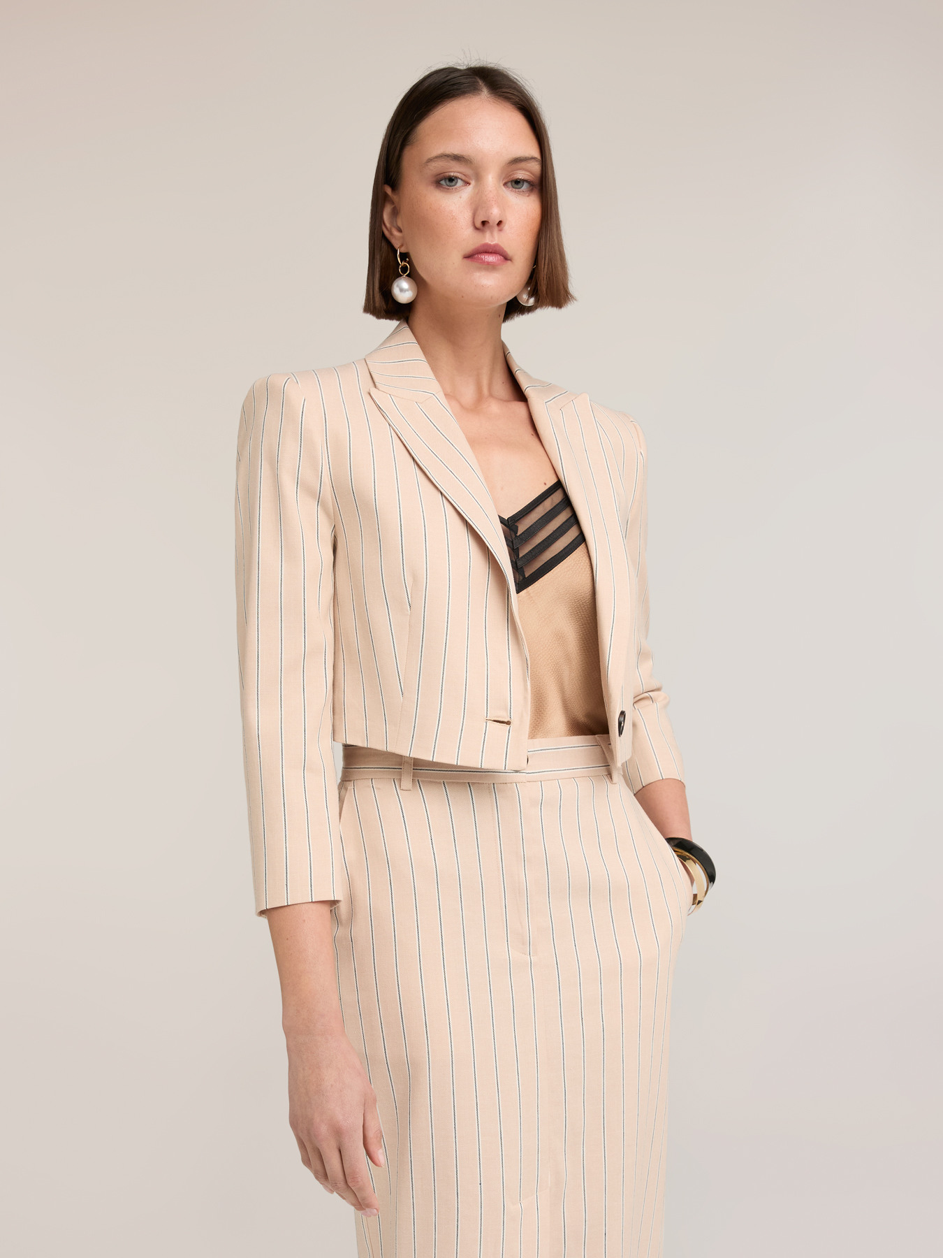 Blazer spencer din amestec de in cu dungi image number 2