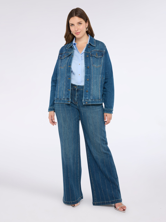 Denim jacket with rhinestone pinstripe