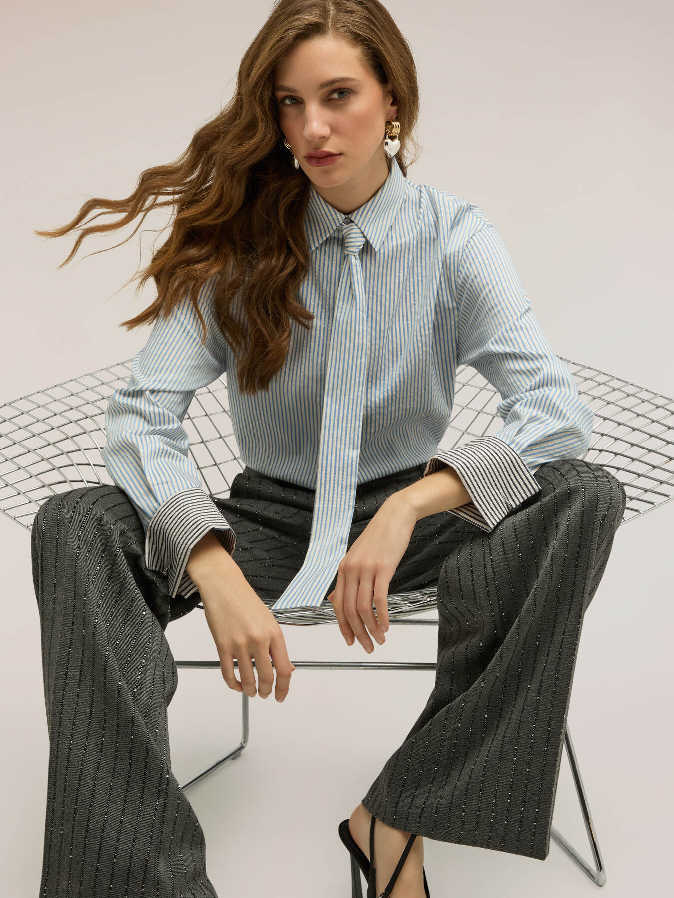 Striped poplin shirt with tie image number 0