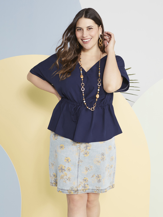Denim mini skirt with floral print