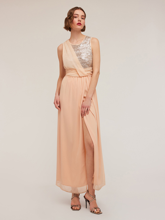 Vestito lungo a peplo con corpino full paillettes