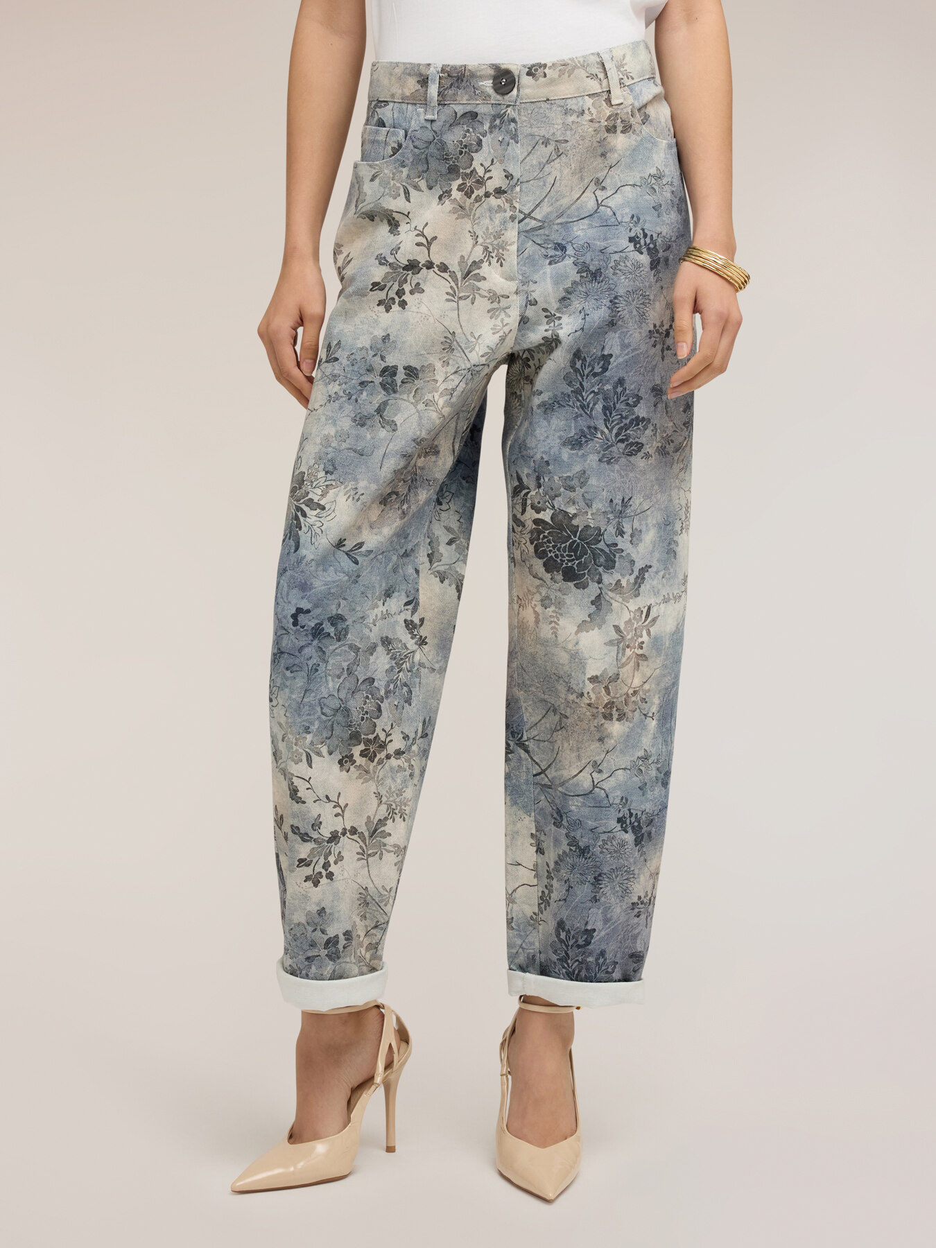 Pantaloni boyfit din drill de bumbac imprimat image number 2