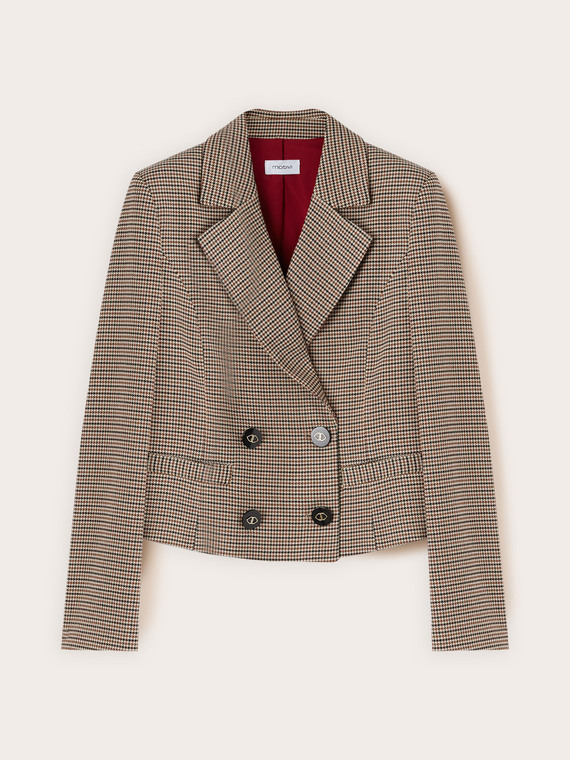 Short double-breasted check-patterned jacket