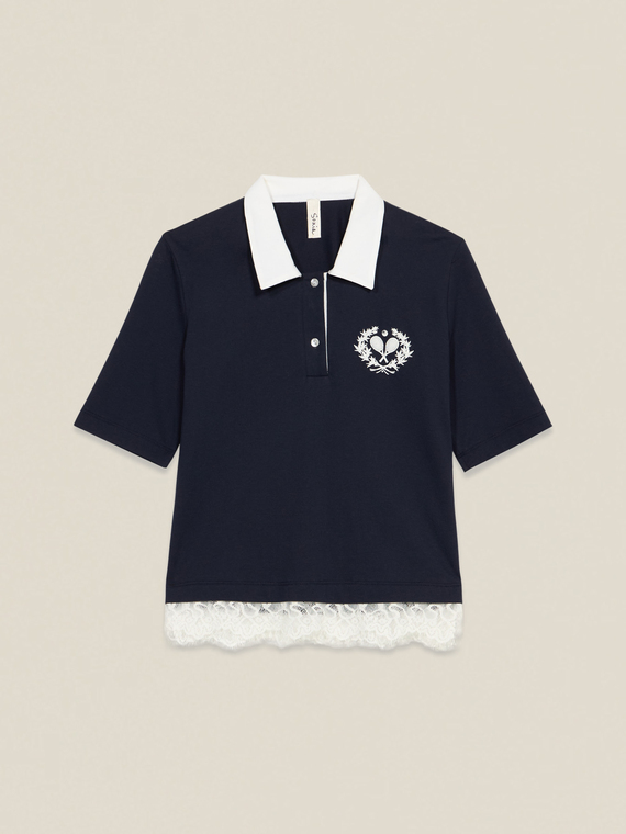 Polo shirt with embroidery and lace