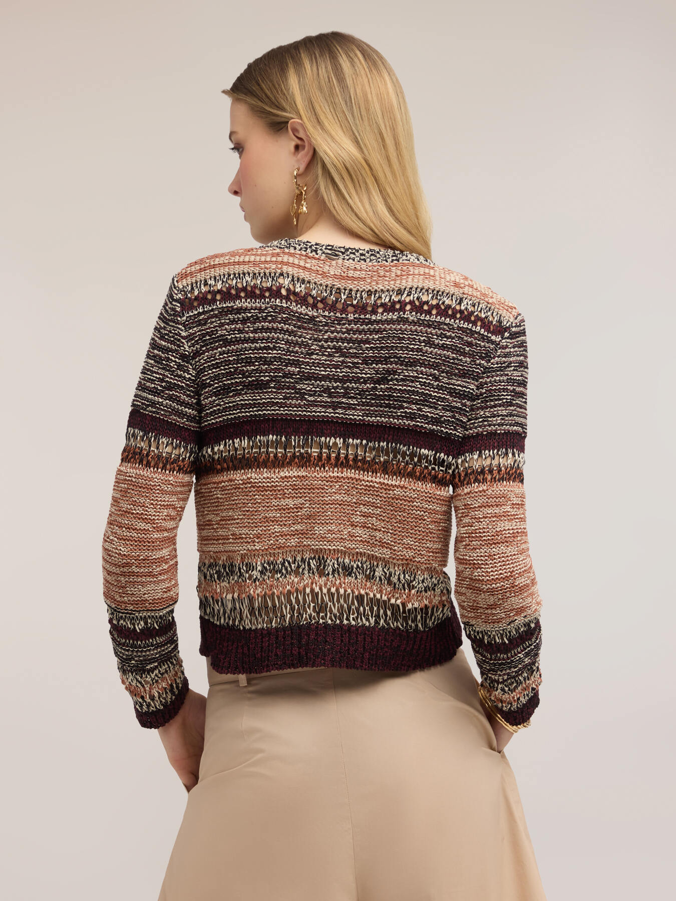 Short striped openwork knit cardigan image number 2