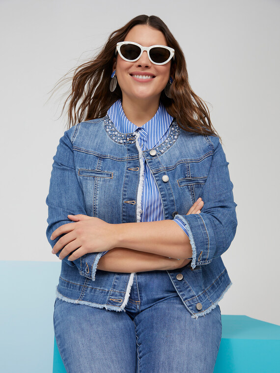 Denim-Blousonjacke mit Perlenstickerei