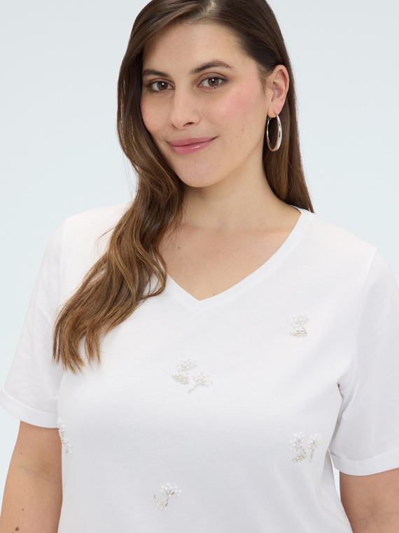 T-Shirt aus Baumwolle mit Blumen aus Perlen
