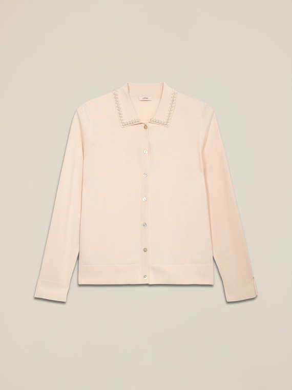 Cardigan tricotat fin cu perle
