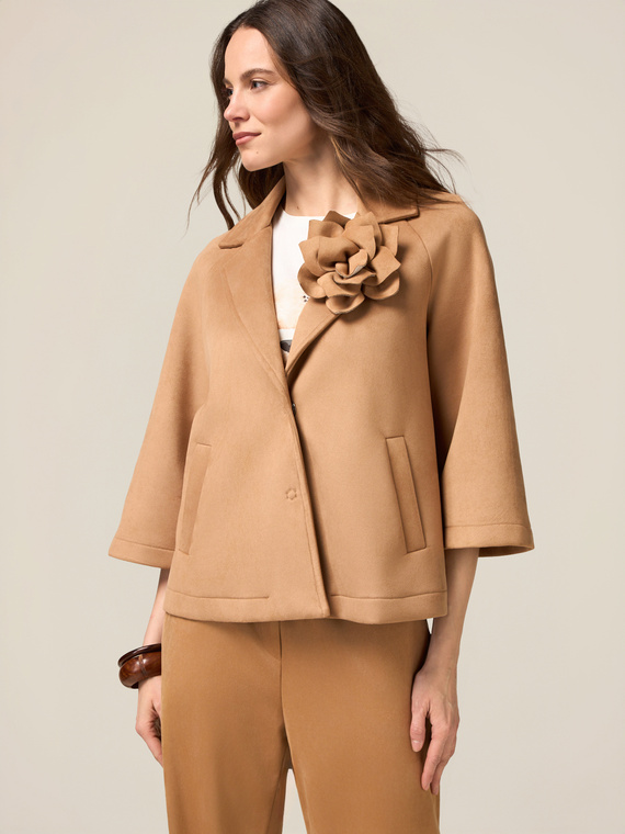 Suede-effect caban coat with brooch