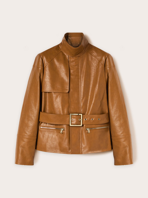 Jacket with belt in coated fabric
