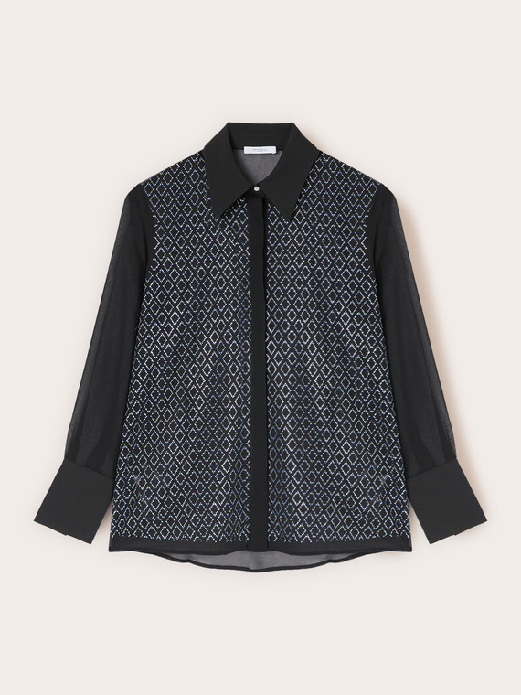 Shirt with geometric rhinestone appliqué