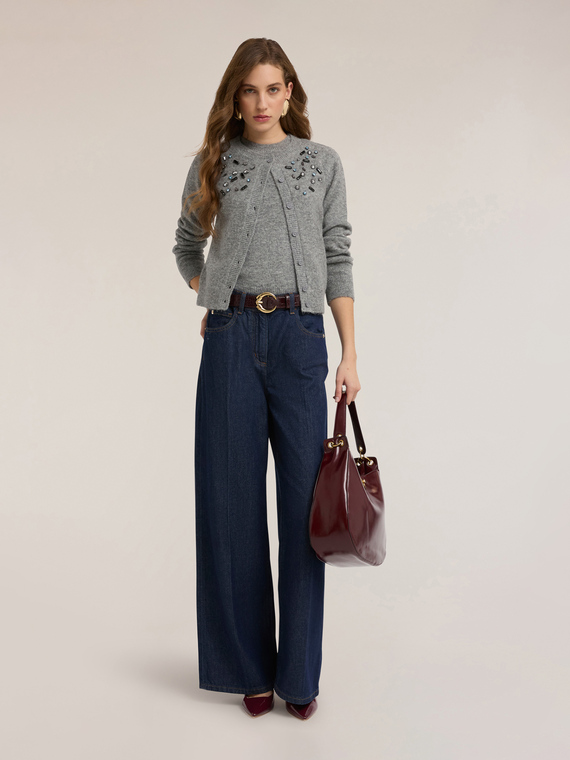 Strickjacke aus Wollmischung mit Steinbestickung