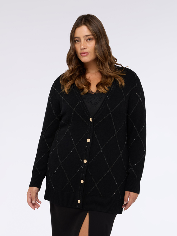 Knitted cardigan with diamond pattern and sequins
