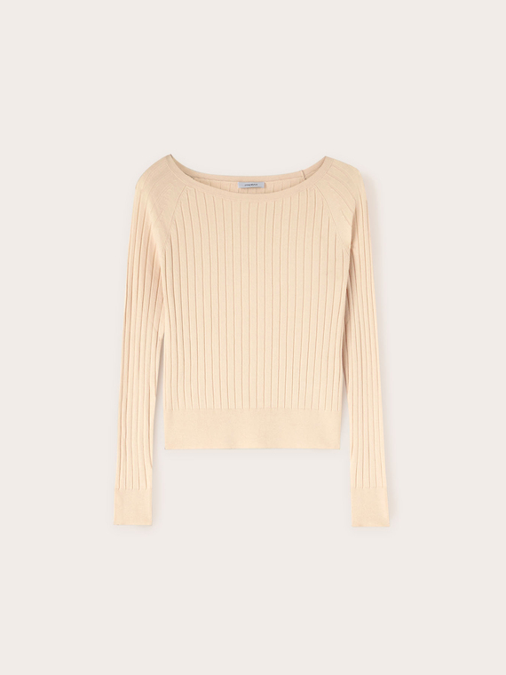 Pullover mit Bootshals in flacher Rippstrickstruktur